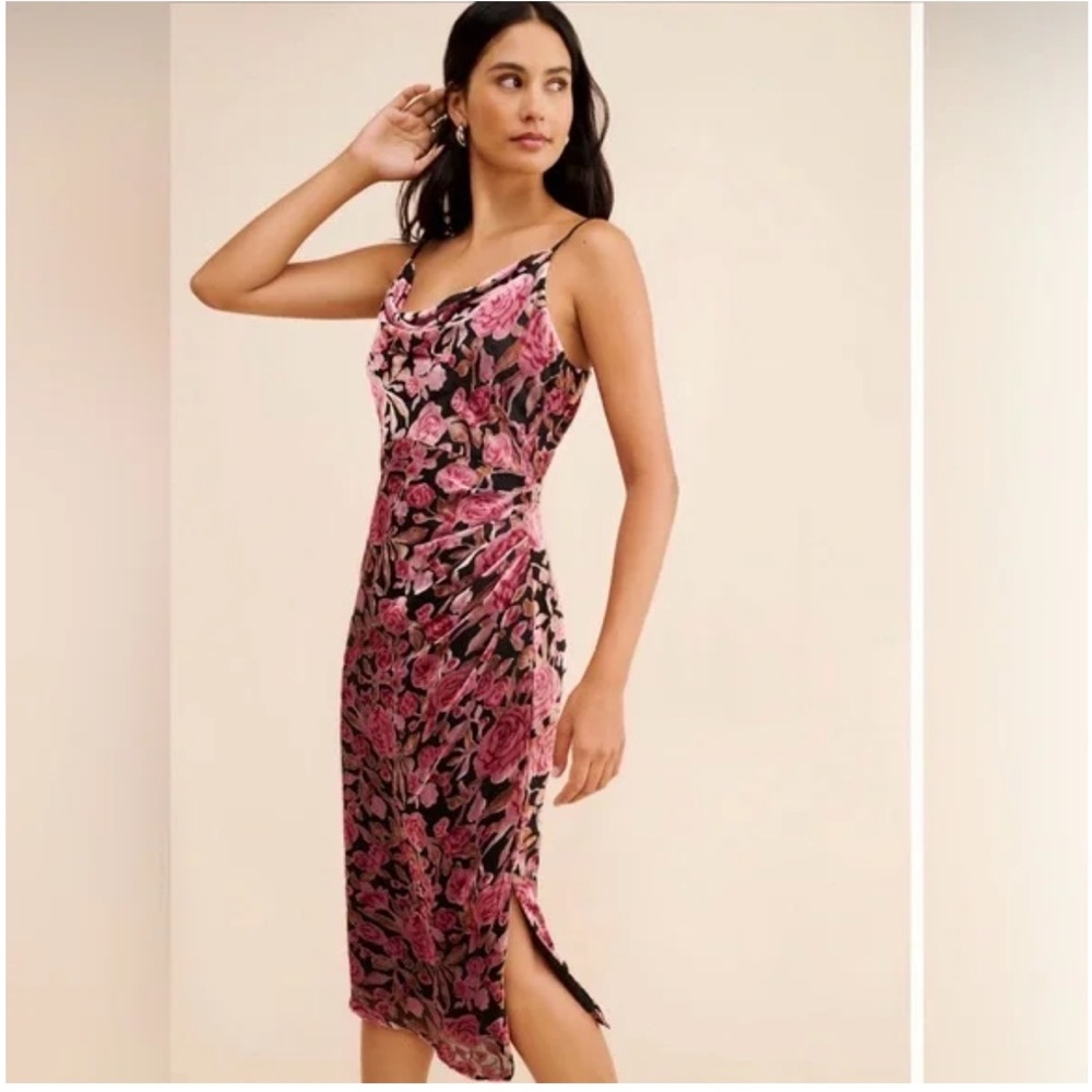 Anthropologie Pink and Black Burnout Floral Midi Dress